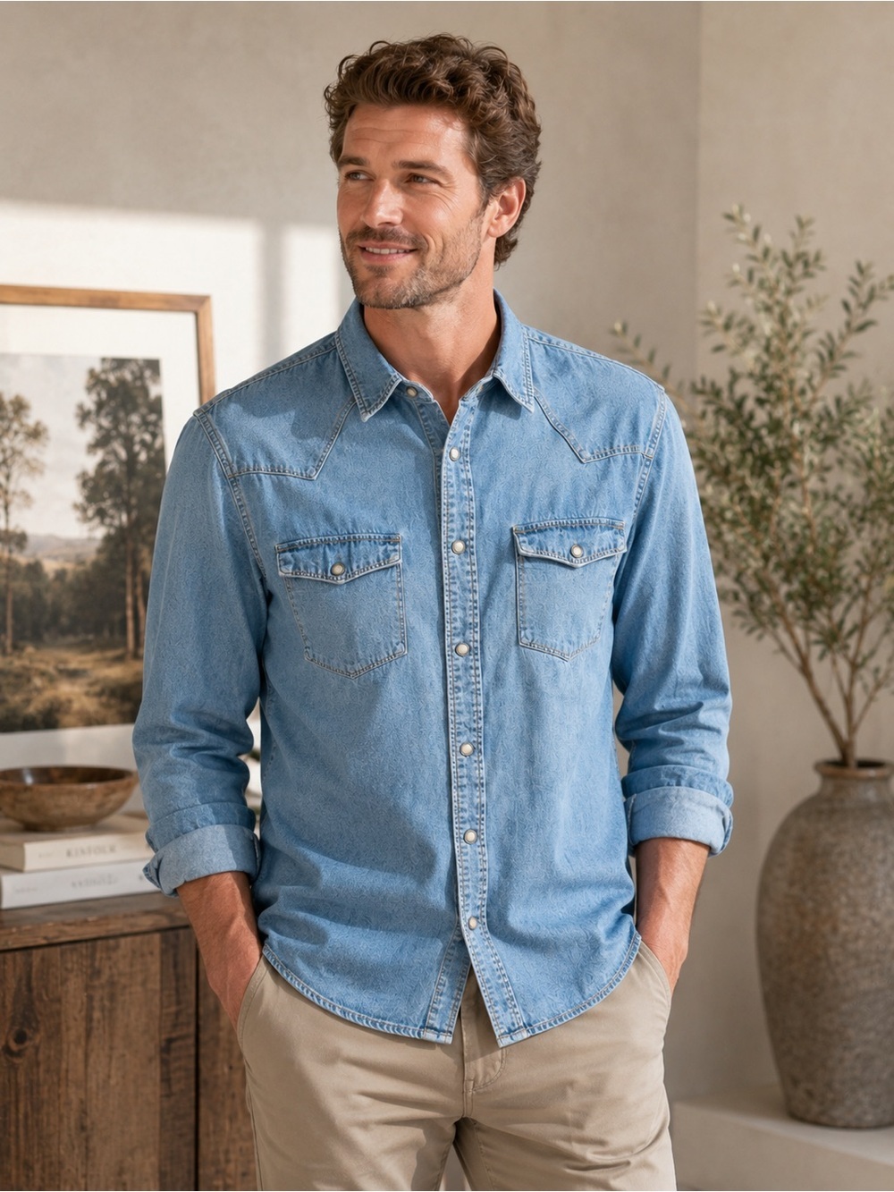 AllSaints Light Blue Denim Western Button-Down Shirt